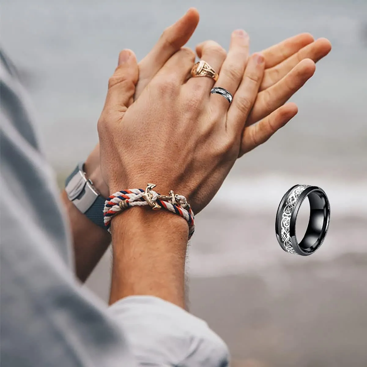 Stainless Steel Ring Set (4pcs Band), Men's Wedding Rings, Cool Spinner Rings, Black, Silver, Gold, Blue, 8mm Width, Unisex
