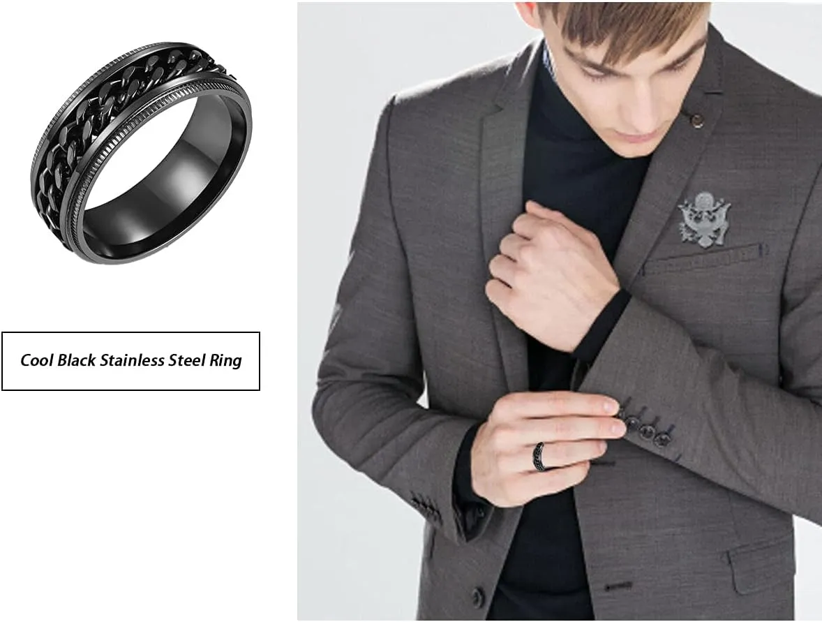 Stainless Steel Ring Set (4pcs Band), Men's Wedding Rings, Cool Spinner Rings, Black, Silver, Gold, Blue, 8mm Width, Unisex