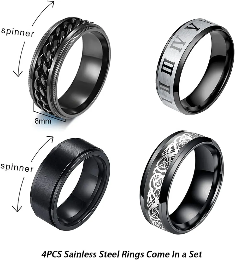 Stainless Steel Ring Set (4pcs Band), Men's Wedding Rings, Cool Spinner Rings, Black, Silver, Gold, Blue, 8mm Width, Unisex