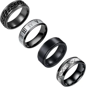 Stainless Steel Ring Set (4pcs Band), Men's Wedding Rings, Cool Spinner Rings, Black, Silver, Gold, Blue, 8mm Width, Unisex