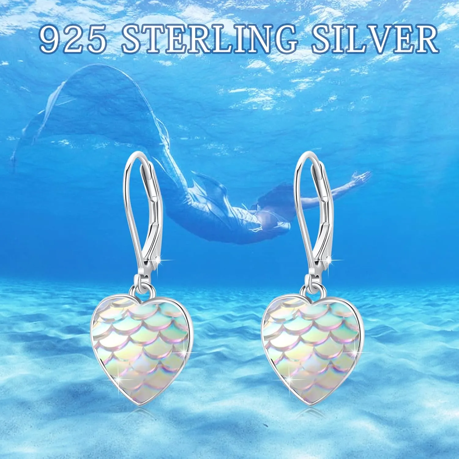Sterling Silver Mermaid Heart Leverback Hoop Earrings - Hypoallergenic, Colorful, Mother's Day Mermaid Tail Jewelry