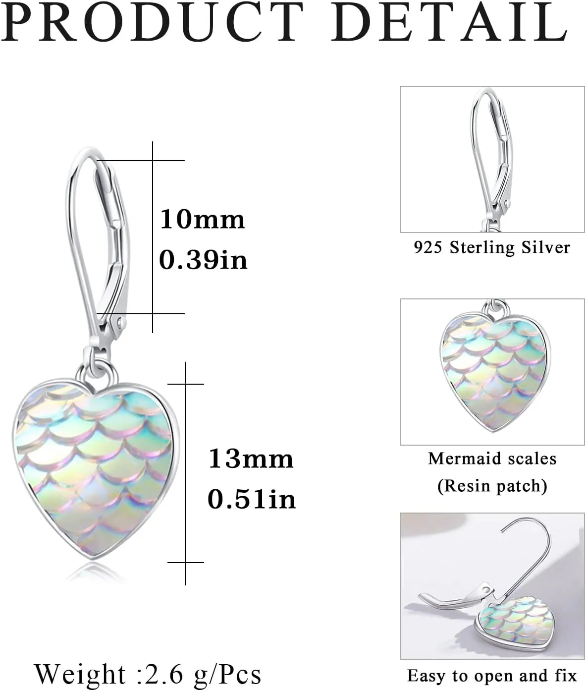 Sterling Silver Mermaid Heart Leverback Hoop Earrings - Hypoallergenic, Colorful, Mother's Day Mermaid Tail Jewelry