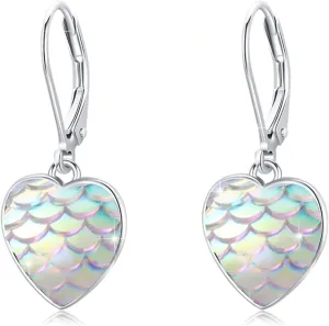 Sterling Silver Mermaid Heart Leverback Hoop Earrings - Hypoallergenic, Colorful, Mother's Day Mermaid Tail Jewelry