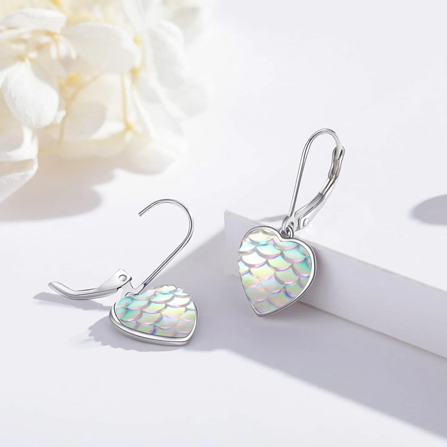 Sterling Silver Mermaid Heart Leverback Hoop Earrings - Hypoallergenic, Colorful, Mother's Day Mermaid Tail Jewelry