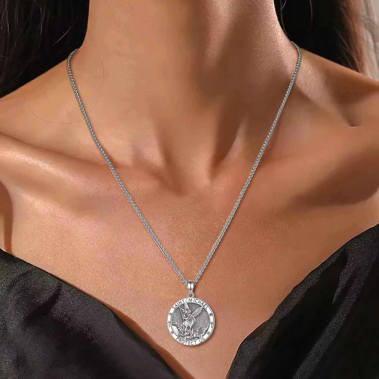 Sterling Silver St Benedict Medals Necklace, Caravaca Cross/7 Arcangeles/St Michael/St Christopher/St Joseph/St Jude/St Anthony/Virgin Mary Protection Talisman Christian gifts for Men Women