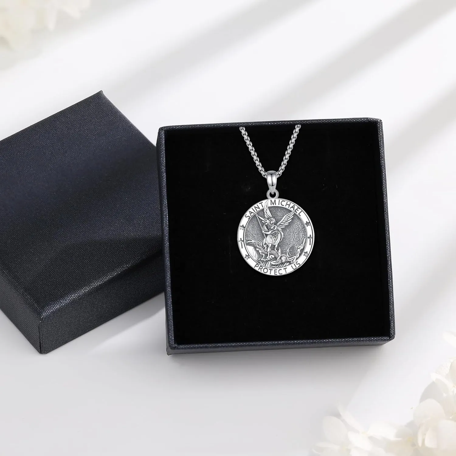 Sterling Silver St Benedict Medals Necklace, Caravaca Cross/7 Arcangeles/St Michael/St Christopher/St Joseph/St Jude/St Anthony/Virgin Mary Protection Talisman Christian gifts for Men Women