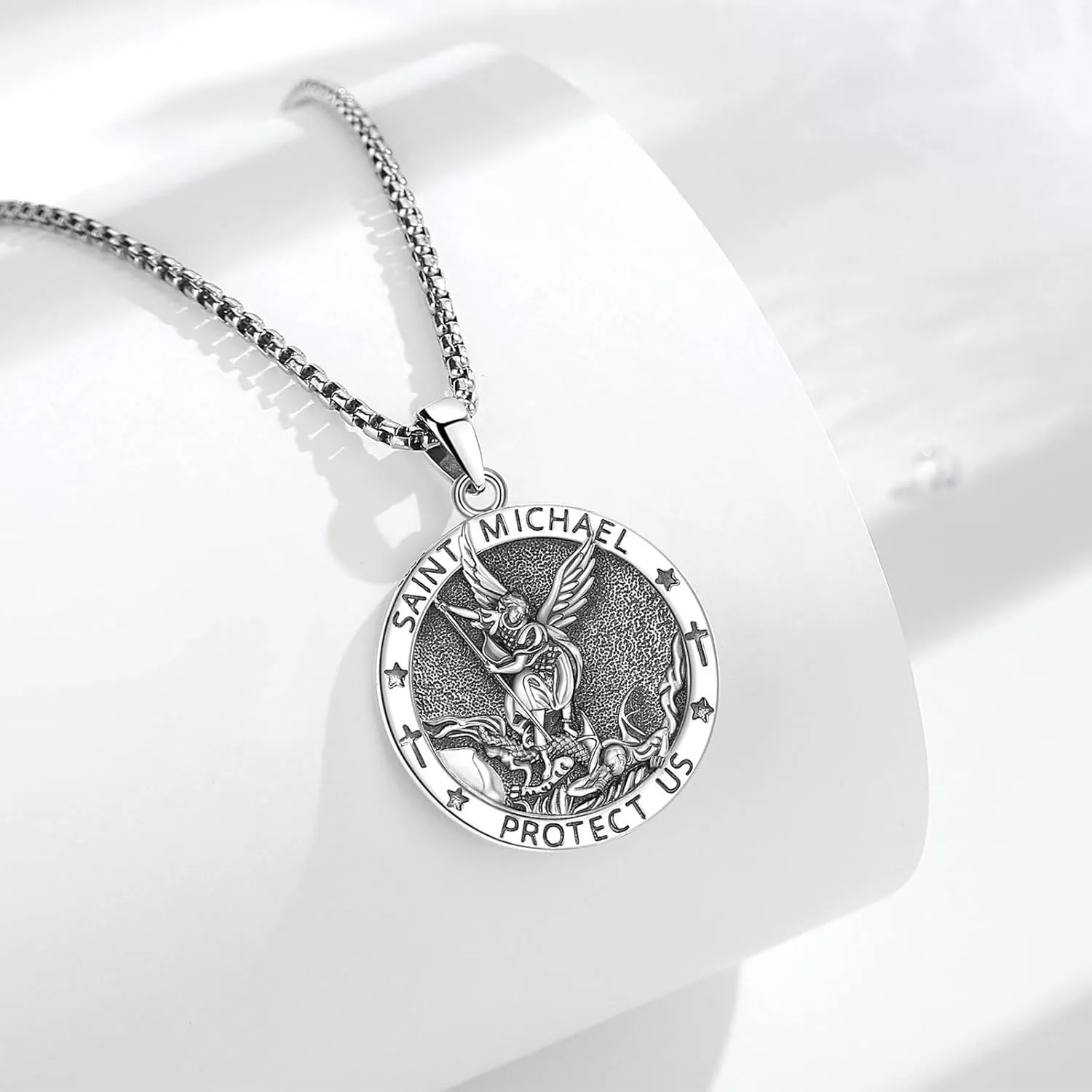 Sterling Silver St Benedict Medals Necklace, Caravaca Cross/7 Arcangeles/St Michael/St Christopher/St Joseph/St Jude/St Anthony/Virgin Mary Protection Talisman Christian gifts for Men Women