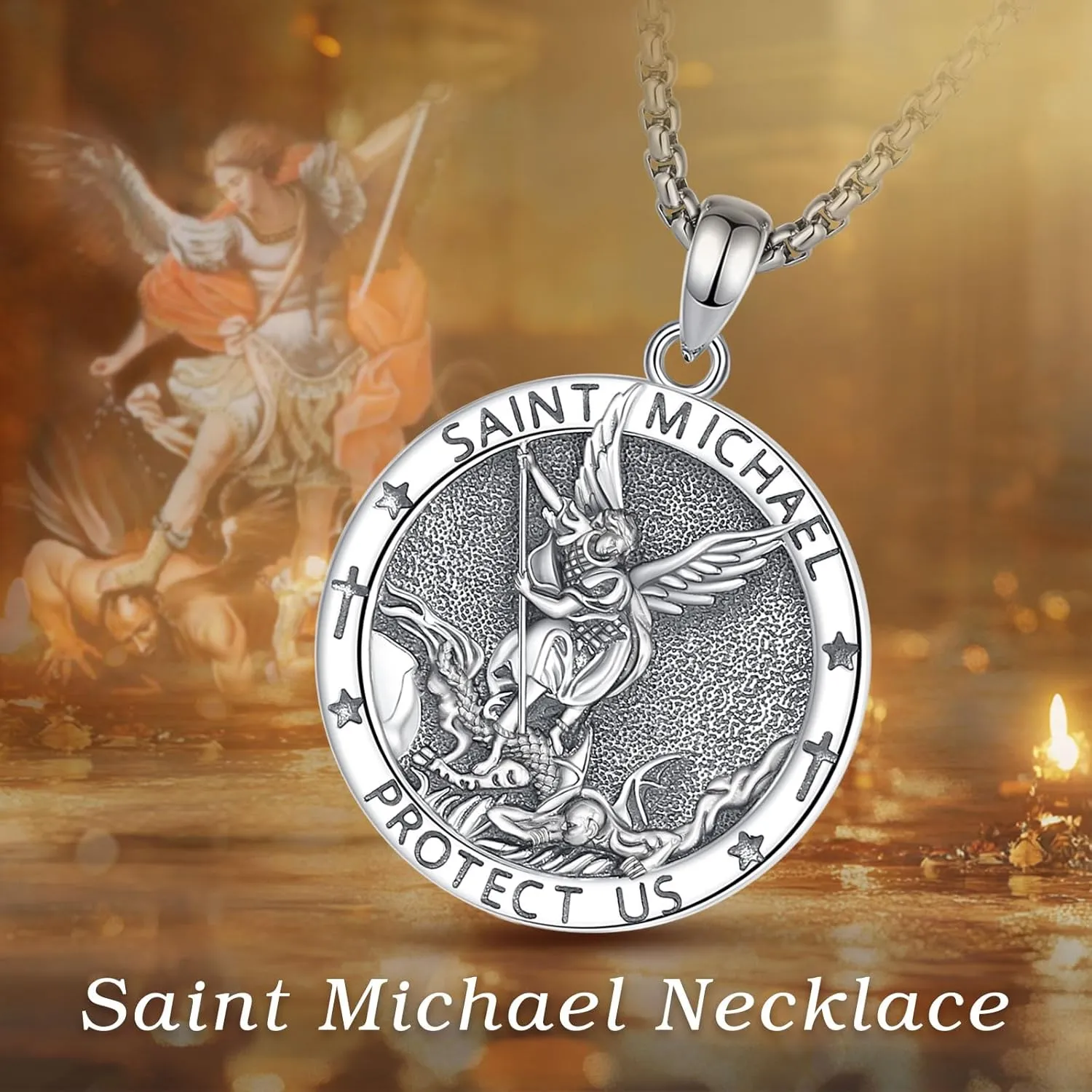Sterling Silver St Benedict Medals Necklace, Caravaca Cross/7 Arcangeles/St Michael/St Christopher/St Joseph/St Jude/St Anthony/Virgin Mary Protection Talisman Christian gifts for Men Women