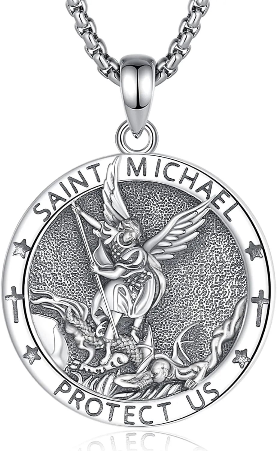 Sterling Silver St Benedict Medals Necklace, Caravaca Cross/7 Arcangeles/St Michael/St Christopher/St Joseph/St Jude/St Anthony/Virgin Mary Protection Talisman Christian gifts for Men Women