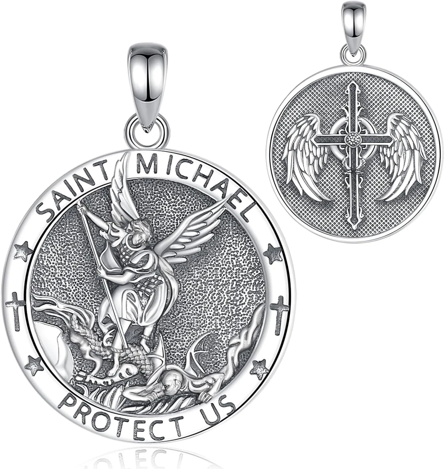 Sterling Silver St Benedict Medals Necklace, Caravaca Cross/7 Arcangeles/St Michael/St Christopher/St Joseph/St Jude/St Anthony/Virgin Mary Protection Talisman Christian gifts for Men Women