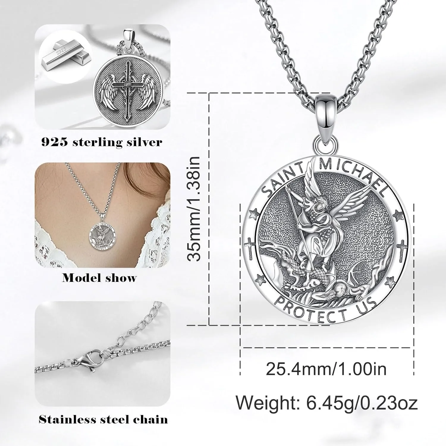 Sterling Silver St Benedict Medals Necklace, Caravaca Cross/7 Arcangeles/St Michael/St Christopher/St Joseph/St Jude/St Anthony/Virgin Mary Protection Talisman Christian gifts for Men Women