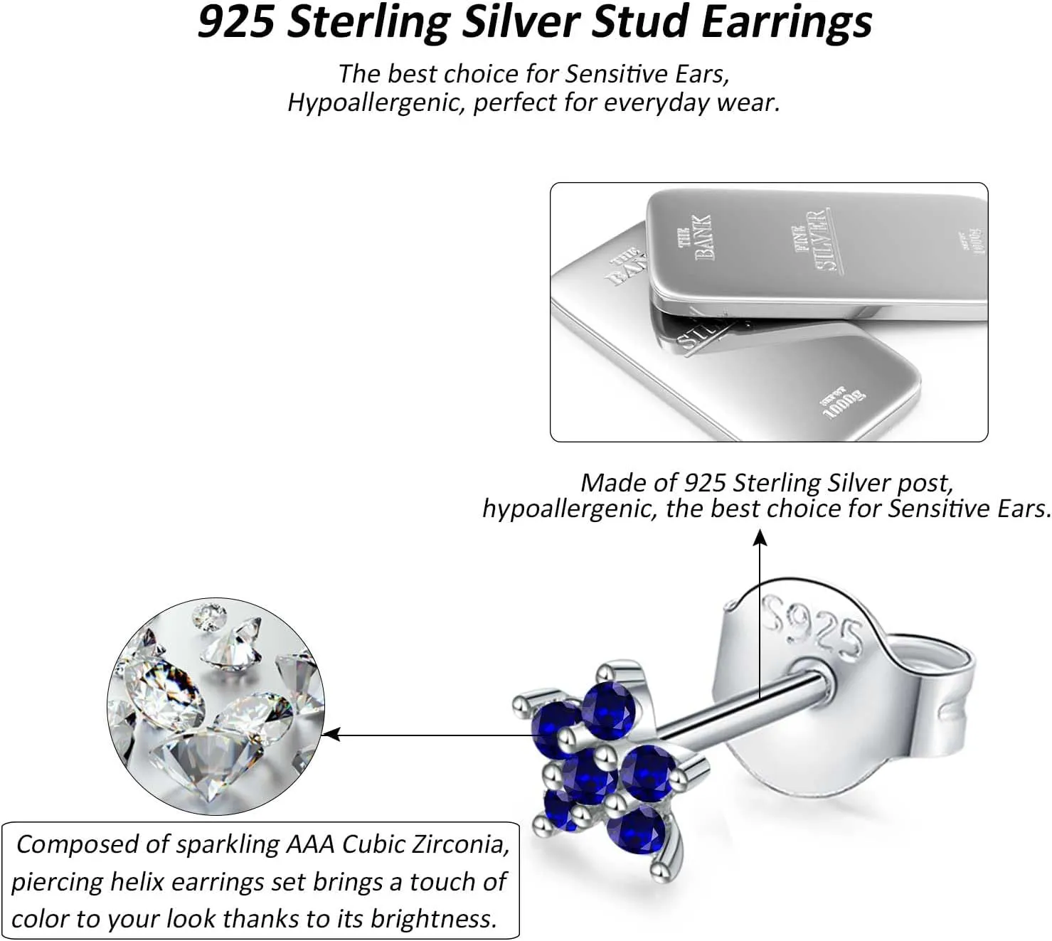 Sterling Silver Stud Earrings for Women, Tiny Flower Earrings Set, Small Cubic Zirconia Helix Earrings Dainty Tragus Cartilage Studs Cherry Blossom Ear Piercing Jewelry Gifts for Teens