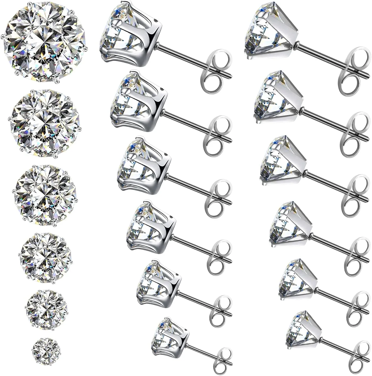 Stud Earrings, 12 Pairs, 3-8mm AAA  Cubic Zirconia, 316L Stainless Steel, Silver