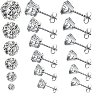 Stud Earrings, 12 Pairs, 3-8mm AAA  Cubic Zirconia, 316L Stainless Steel, Silver