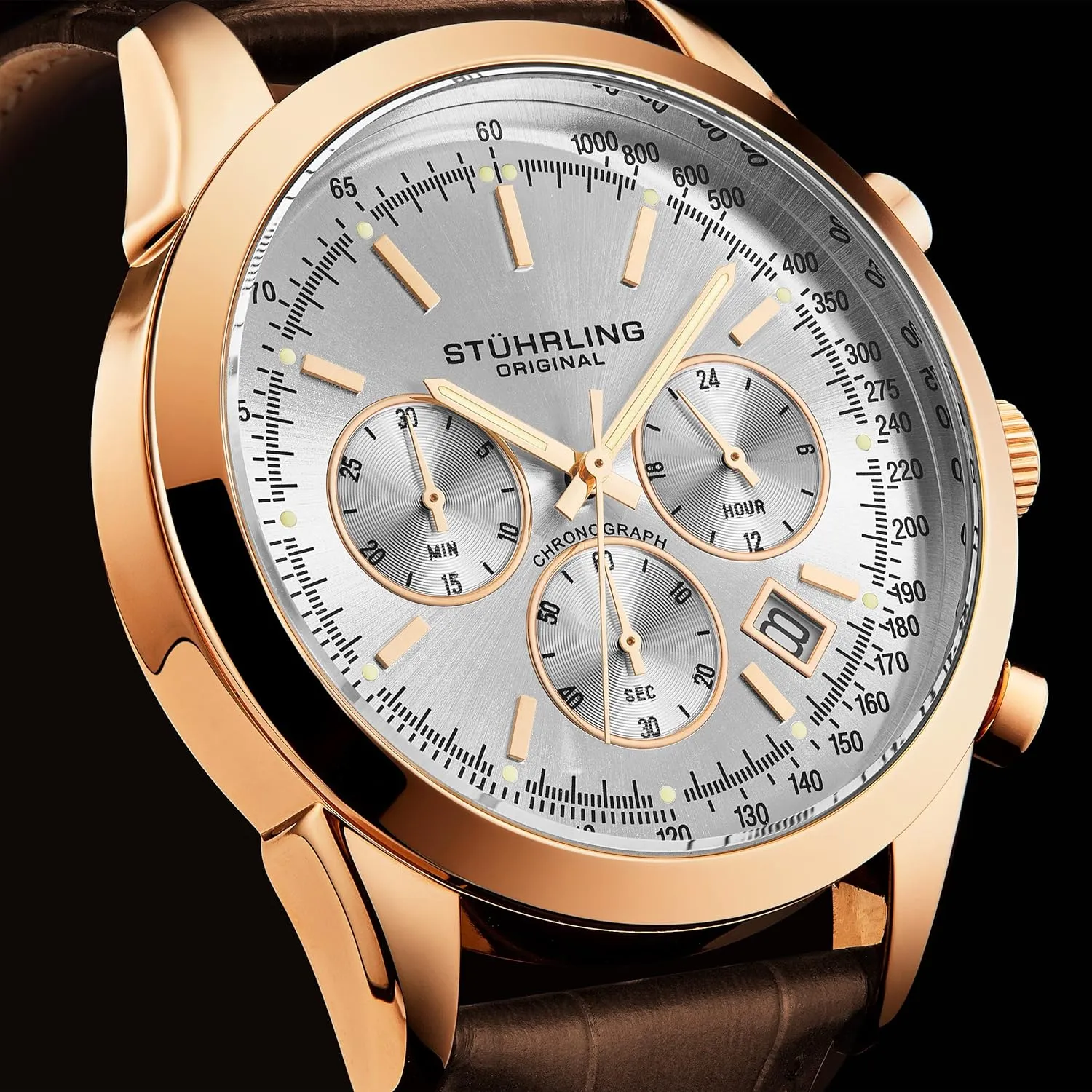 Stuhrling Original Mens Dress Watch Chronograph Analog Watch Dial with Date - Tachymeter 24-Hour Subdial Mens Leather Strap - Watches for Men Rialto Collection