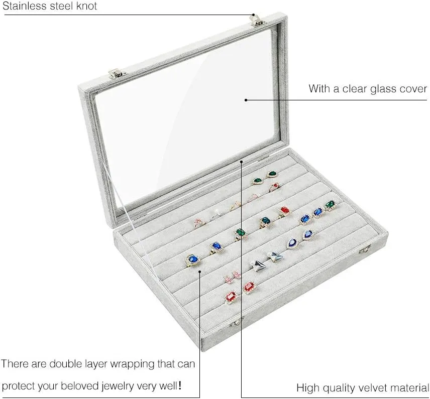 STYLIFING Ring Display Case with Clear Lid Ring Organizer 7 Slots Stud Earring Jewelry Box for Multiple Rings