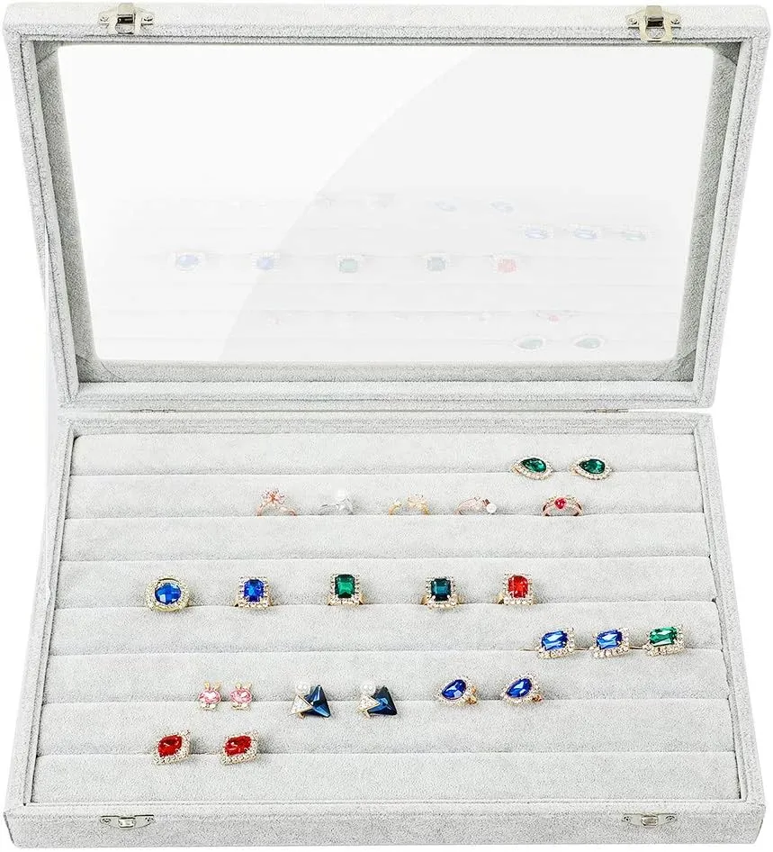 STYLIFING Ring Display Case with Clear Lid Ring Organizer 7 Slots Stud Earring Jewelry Box for Multiple Rings