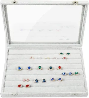 STYLIFING Ring Display Case with Clear Lid Ring Organizer 7 Slots Stud Earring Jewelry Box for Multiple Rings