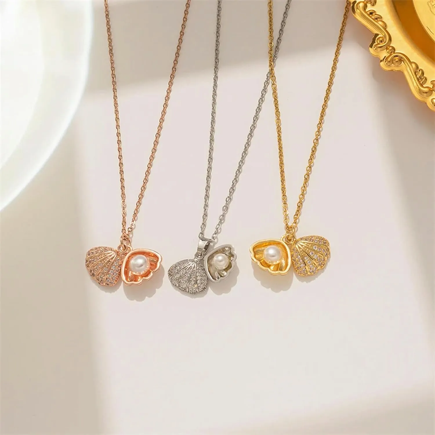 Summer Fashion Crystal Zircon Shell Imitation Pearl Pendant Necklace Women Collar Beach Neck Jewelry