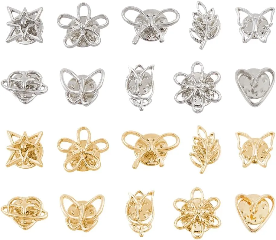 SUPERFINDINGS 20Pcs 20 Styles Gold or Silver Modesty Pin for V Neck Portion Flower Heart Star Butterfly Leaf Lapel Pins Brooch for Womens' Shirt Plain Sweaters Clips for Dress Clothes Decoration