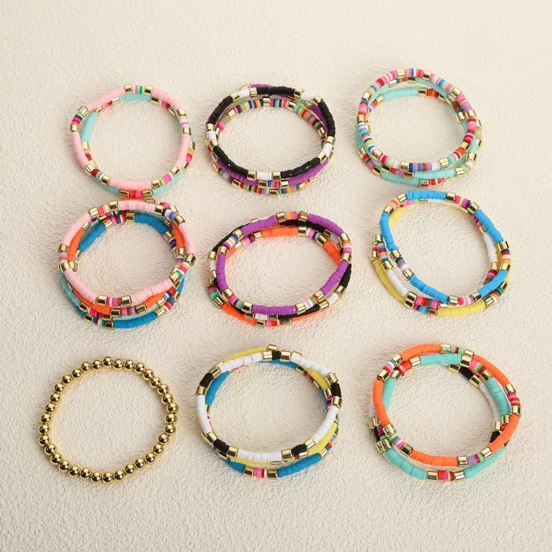 Surfer Heishi Clay Bead Bracelets Set for Women Men Bohemian Stackable Gold Beaded Vinyl Disc Stretch Bracelets Muti Color Elastic Layering Friendship Bracelets Boho Summer Beach Jewelry Gifts