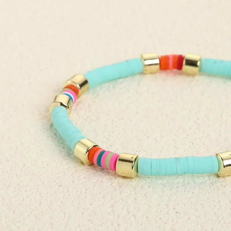 Surfer Heishi Clay Bead Bracelets Set for Women Men Bohemian Stackable Gold Beaded Vinyl Disc Stretch Bracelets Muti Color Elastic Layering Friendship Bracelets Boho Summer Beach Jewelry Gifts