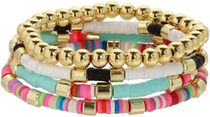Surfer Heishi Clay Bead Bracelets Set for Women Men Bohemian Stackable Gold Beaded Vinyl Disc Stretch Bracelets Muti Color Elastic Layering Friendship Bracelets Boho Summer Beach Jewelry Gifts