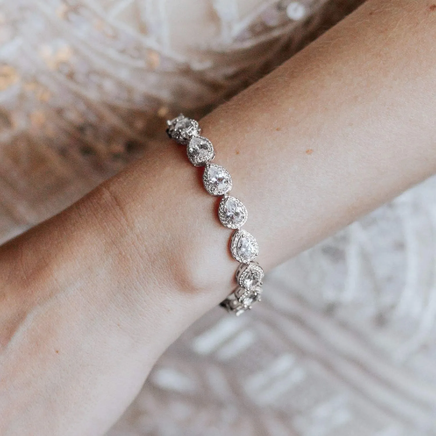 SWEETV Teardrop Wedding Bridal Bracelets for Brides, Crystal Rhinestone Cubic Zirconia Tennis Bracelets for Women Prom, Bridal Jewelry