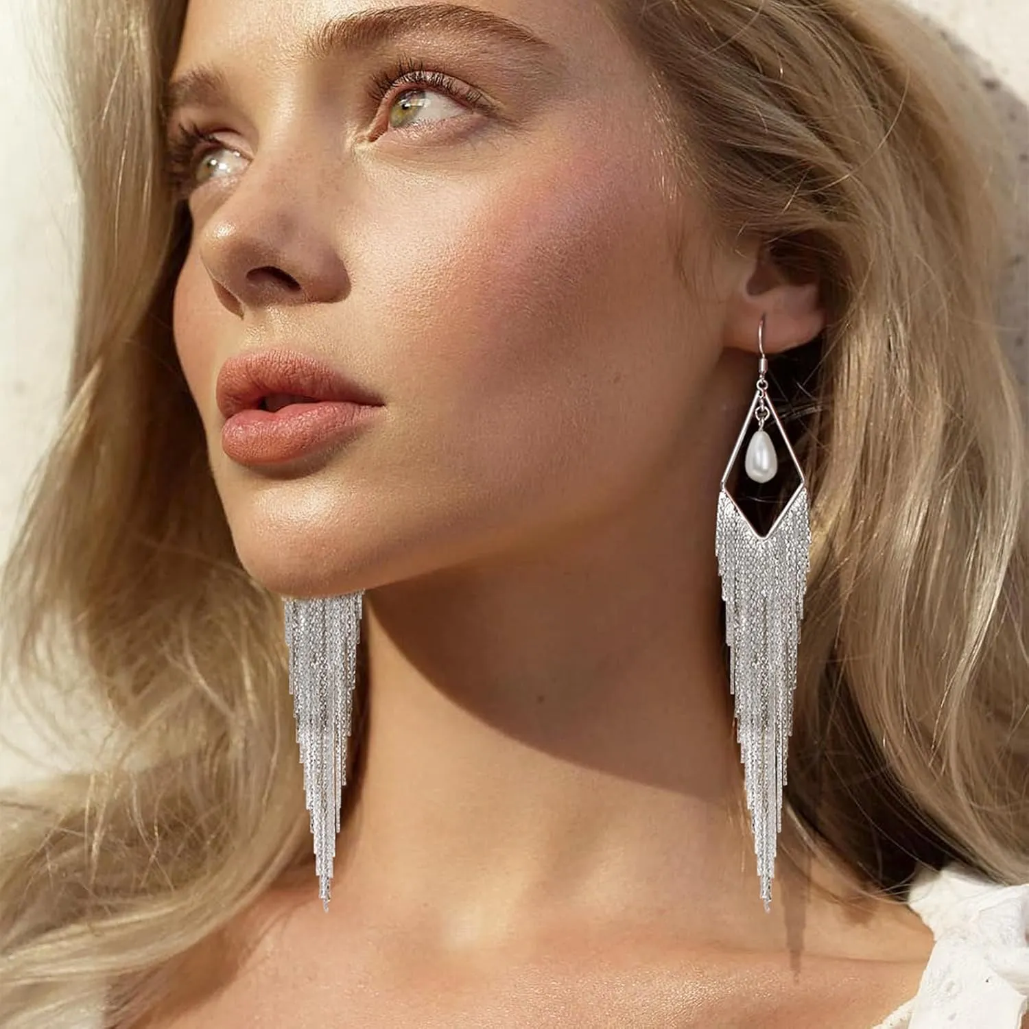 Tassel Earrings Long Tassel Dangle Drop Earrings for Woman Turquoise Earrings Pearl Drop Earrings Silver/Gold Drop Dangle Earrings Boho Western Turquoise Jewelry Statement Earrings Hypoallergenic for Valentines Day Prom Party