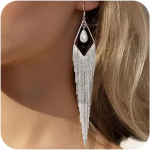 Tassel Earrings Long Tassel Dangle Drop Earrings for Woman Turquoise Earrings Pearl Drop Earrings Silver/Gold Drop Dangle Earrings Boho Western Turquoise Jewelry Statement Earrings Hypoallergenic for Valentines Day Prom Party