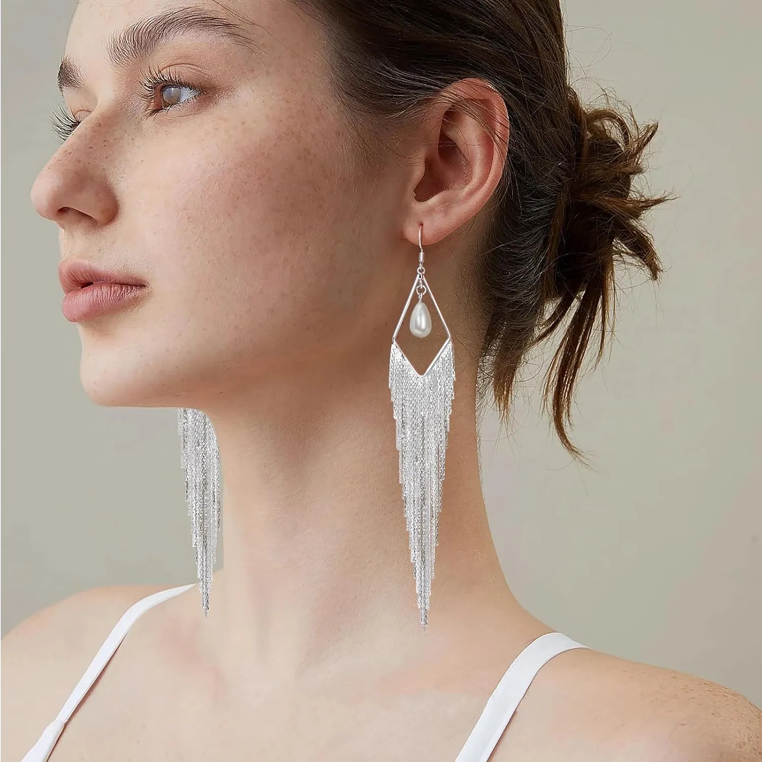 Tassel Earrings Long Tassel Dangle Drop Earrings for Woman Turquoise Earrings Pearl Drop Earrings Silver/Gold Drop Dangle Earrings Boho Western Turquoise Jewelry Statement Earrings Hypoallergenic for Valentines Day Prom Party