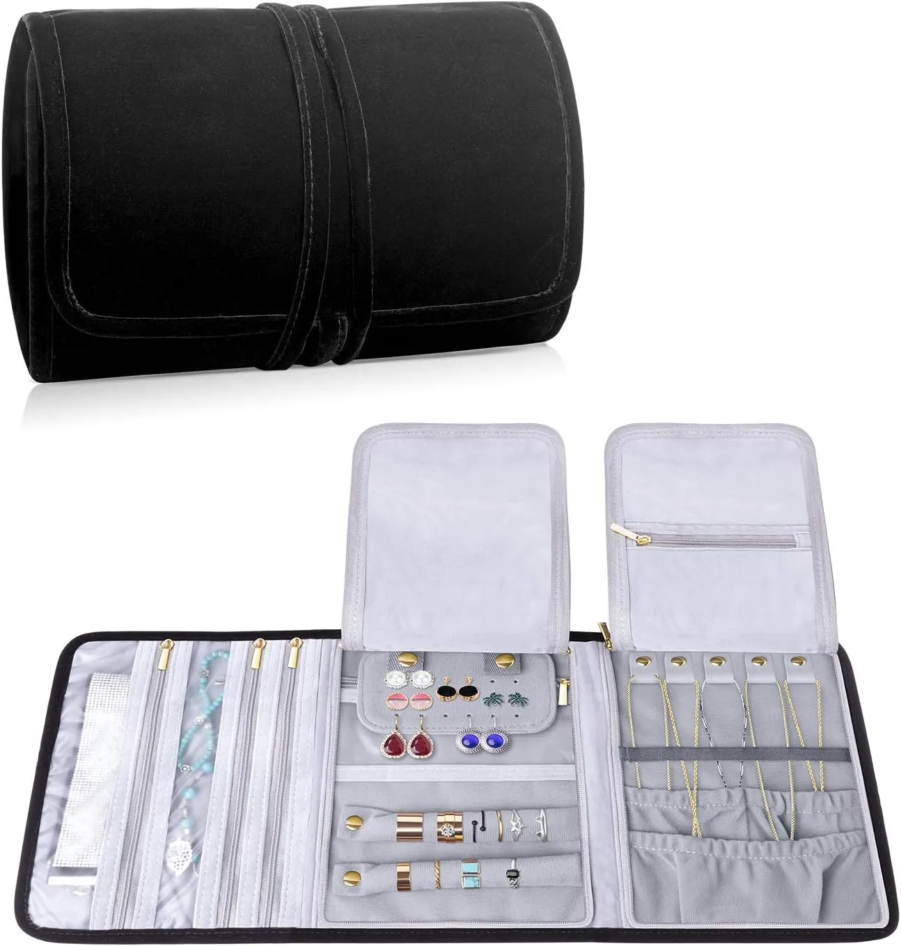 Teamoy Travel Jewelry Roll, Jewelry Storage Bag Organizer for Necklaces, Earrings, Bracelets, Rings, Brooches and More, Compact and Easy to Carry