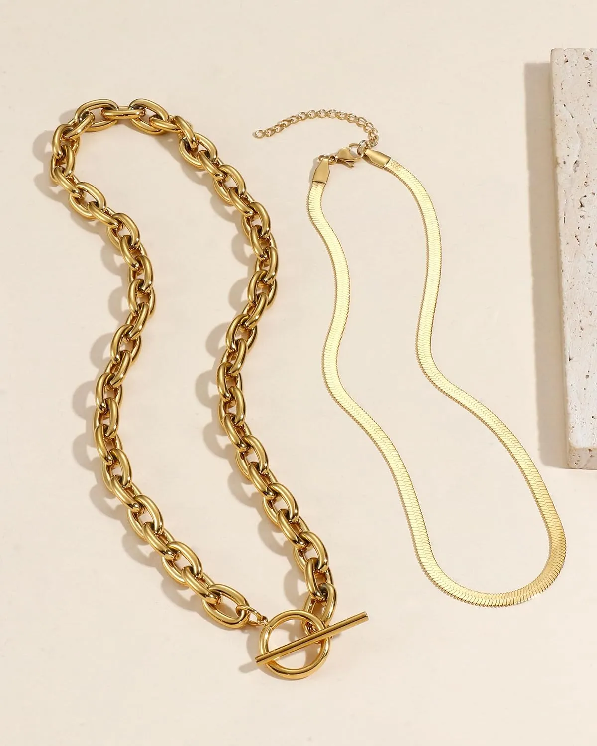 TEN MIRO 18k Chunky Gold Necklace for Women Sweatproof, Non Tarnish Chunky Layered Chain Necklaces Thick Gold Layering Herringbone Paperclip Necklace Stacks Toggle Necklaces for Women Men