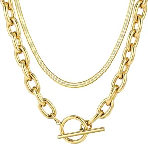 TEN MIRO 18k Chunky Gold Necklace for Women Sweatproof, Non Tarnish Chunky Layered Chain Necklaces Thick Gold Layering Herringbone Paperclip Necklace Stacks Toggle Necklaces for Women Men
