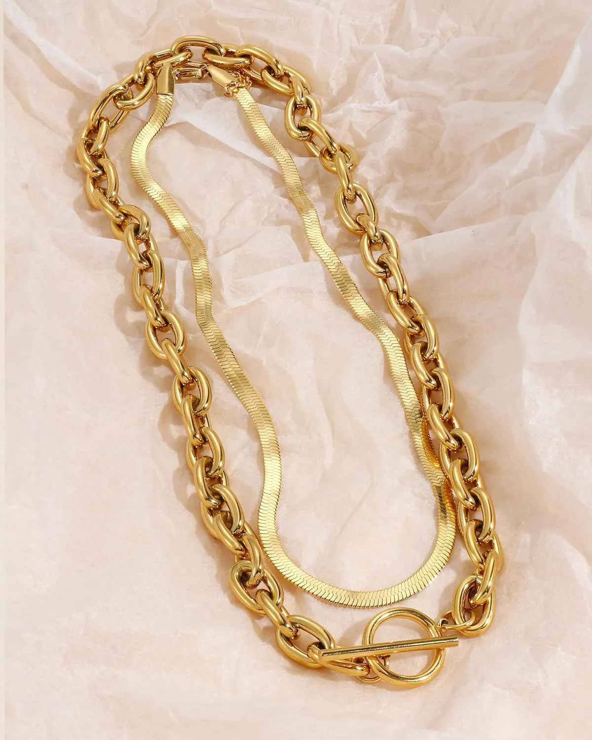 TEN MIRO 18k Chunky Gold Necklace for Women Sweatproof, Non Tarnish Chunky Layered Chain Necklaces Thick Gold Layering Herringbone Paperclip Necklace Stacks Toggle Necklaces for Women Men