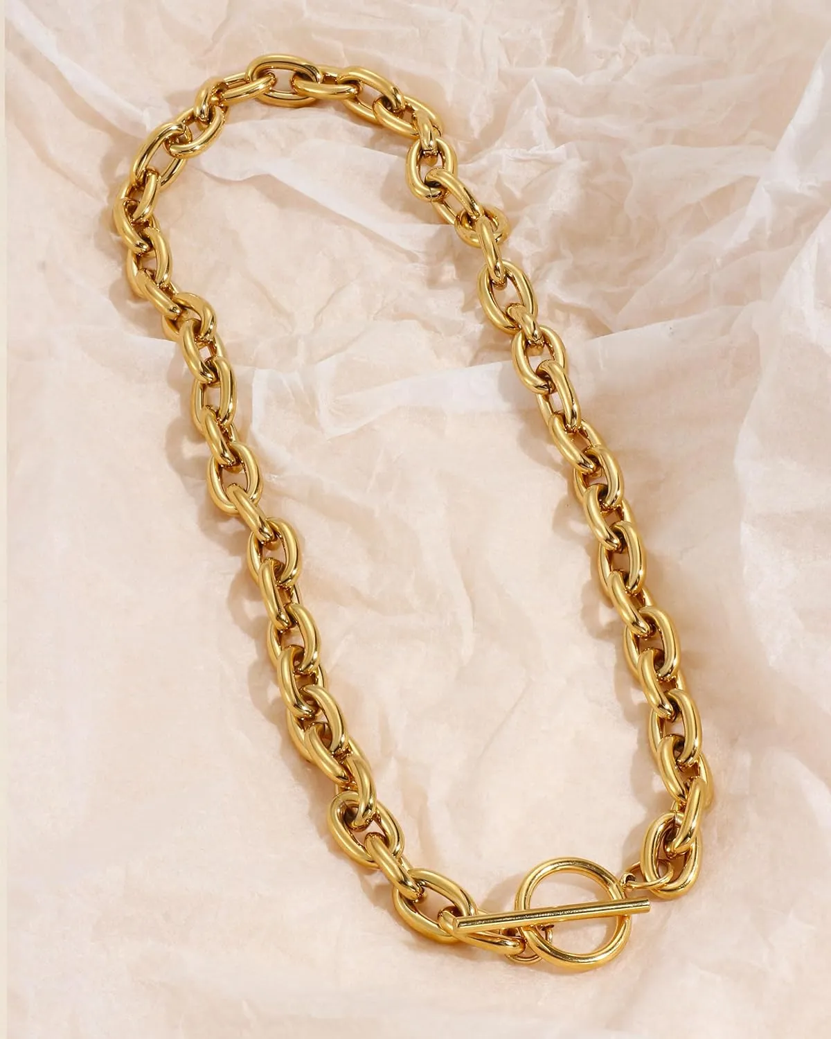 TEN MIRO 18k Chunky Gold Necklace for Women Sweatproof, Non Tarnish Chunky Layered Chain Necklaces Thick Gold Layering Herringbone Paperclip Necklace Stacks Toggle Necklaces for Women Men