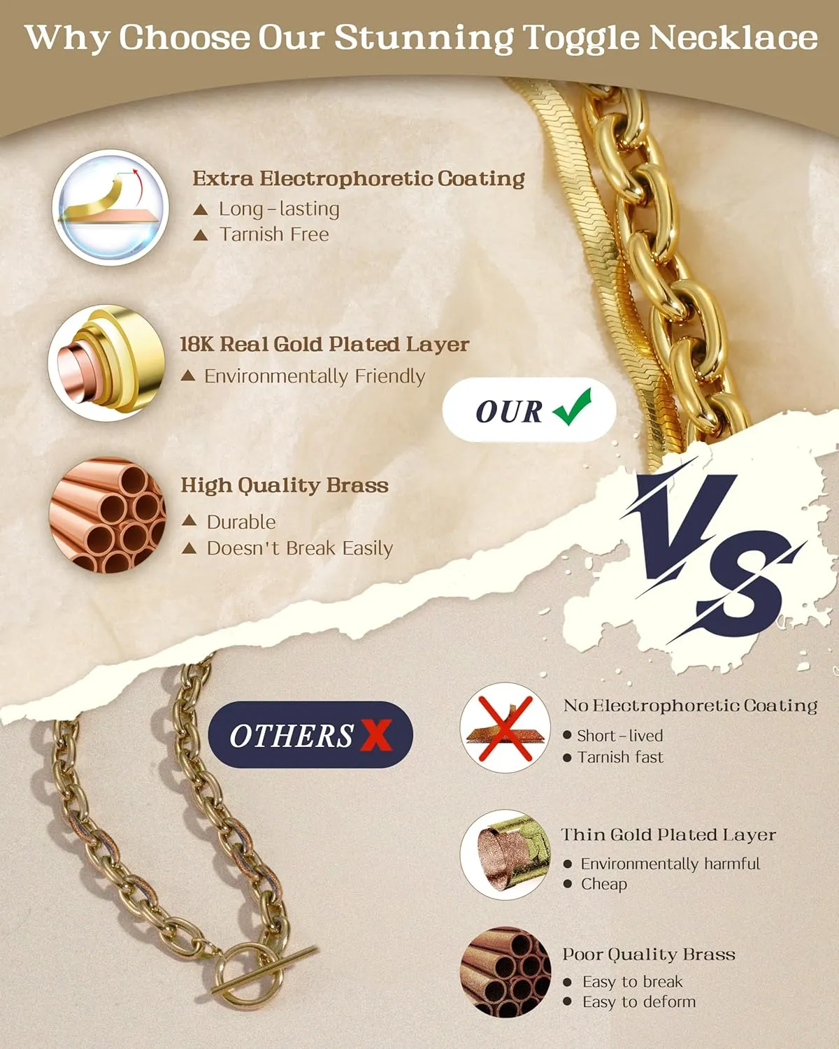 TEN MIRO 18k Chunky Gold Necklace for Women Sweatproof, Non Tarnish Chunky Layered Chain Necklaces Thick Gold Layering Herringbone Paperclip Necklace Stacks Toggle Necklaces for Women Men