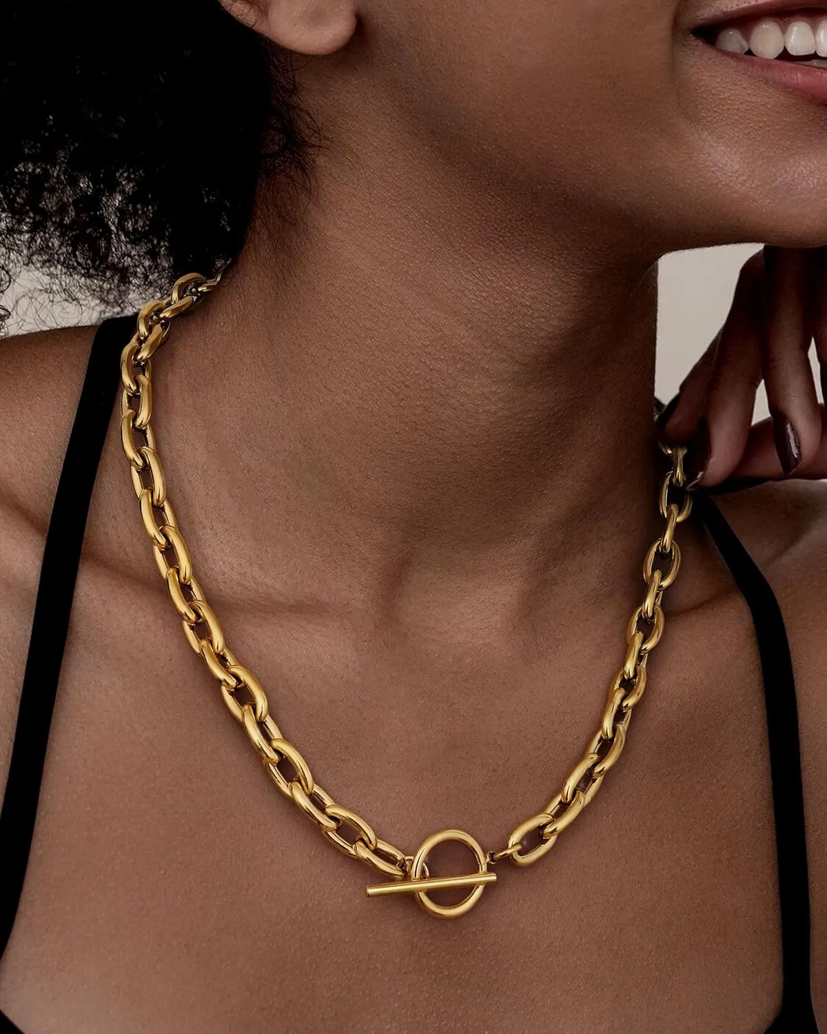 TEN MIRO 18k Chunky Gold Necklace for Women Sweatproof, Non Tarnish Chunky Layered Chain Necklaces Thick Gold Layering Herringbone Paperclip Necklace Stacks Toggle Necklaces for Women Men