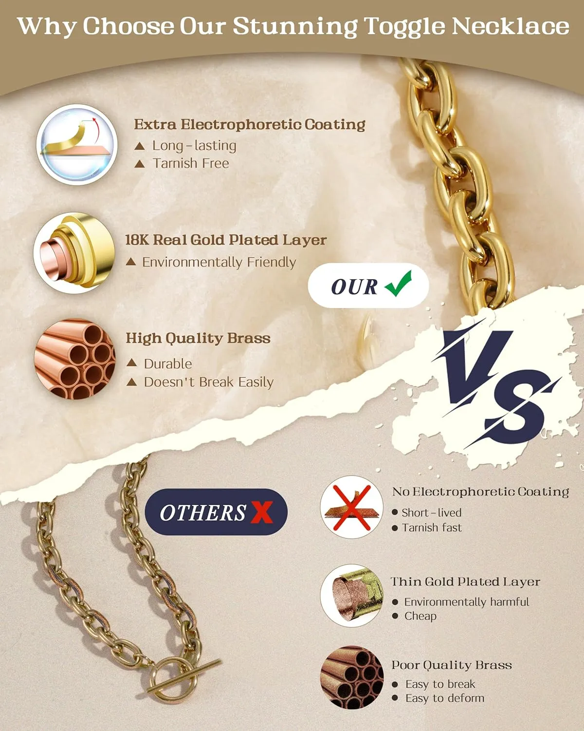 TEN MIRO 18k Chunky Gold Necklace for Women Sweatproof, Non Tarnish Chunky Layered Chain Necklaces Thick Gold Layering Herringbone Paperclip Necklace Stacks Toggle Necklaces for Women Men