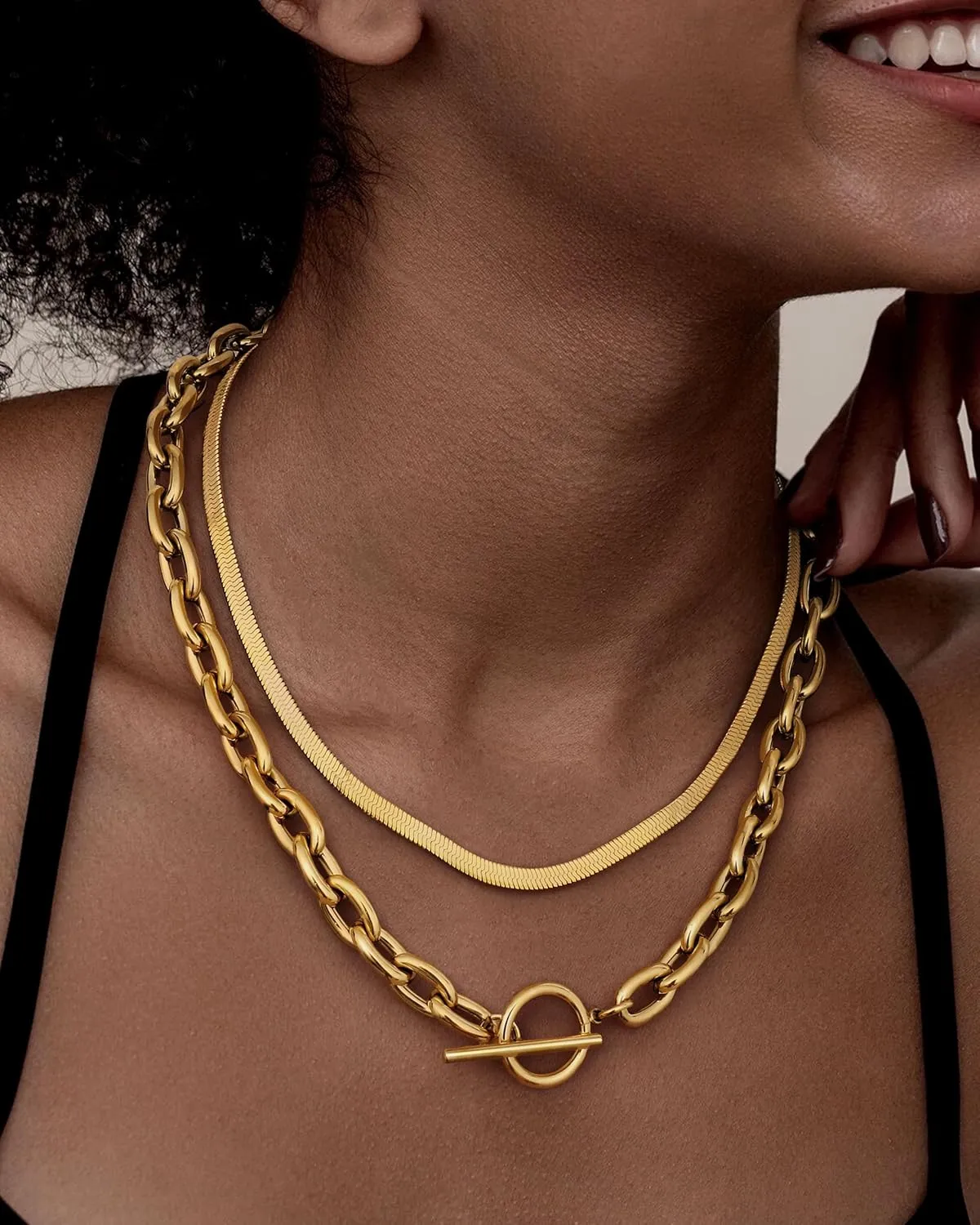 TEN MIRO 18k Chunky Gold Necklace for Women Sweatproof, Non Tarnish Chunky Layered Chain Necklaces Thick Gold Layering Herringbone Paperclip Necklace Stacks Toggle Necklaces for Women Men