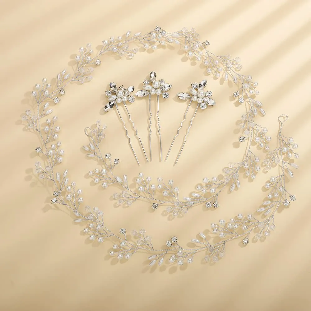 Teyglen Bride Crystal Pearls Long Hair Vine Rhinestone Beads Headband Handmade Bridal Headpieces Hair Pieces Accessories Jewelry for Women Girls (Silver)