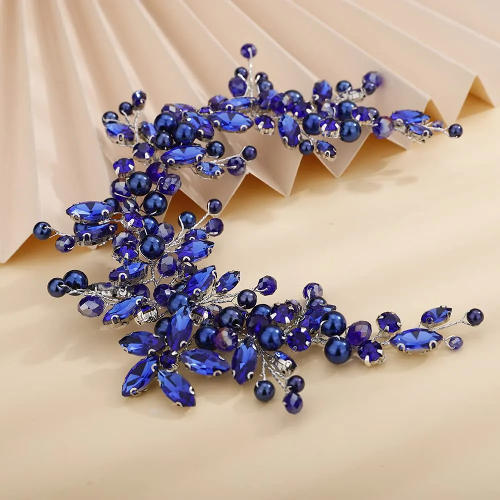 Teyglen Dainty Flower Blue Rhinestones Crystal Headband Bride Wedding Pearls Headband Hair Vine Luxurious Hair Accessories Shiny Bridal Headpieces for Women Girls (Blue)