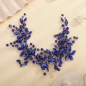 Teyglen Dainty Flower Blue Rhinestones Crystal Headband Bride Wedding Pearls Headband Hair Vine Luxurious Hair Accessories Shiny Bridal Headpieces for Women Girls (Blue)