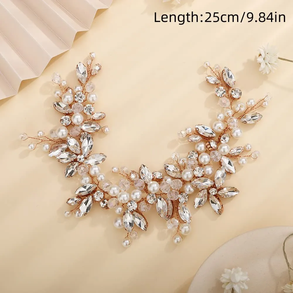 Teyglen Dainty Flower Blue Rhinestones Crystal Headband Bride Wedding Pearls Headband Hair Vine Luxurious Hair Accessories Shiny Bridal Headpieces for Women Girls (Blue)
