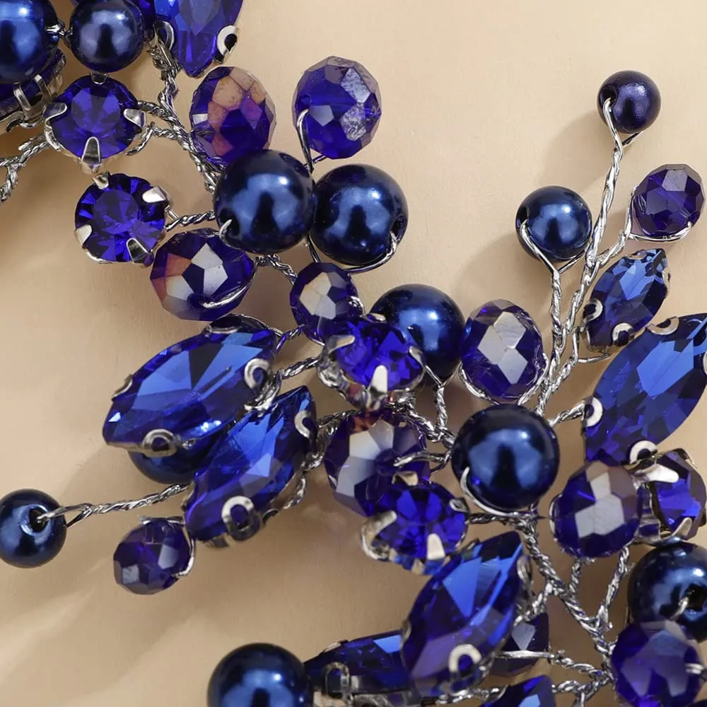 Teyglen Dainty Flower Blue Rhinestones Crystal Headband Bride Wedding Pearls Headband Hair Vine Luxurious Hair Accessories Shiny Bridal Headpieces for Women Girls (Blue)