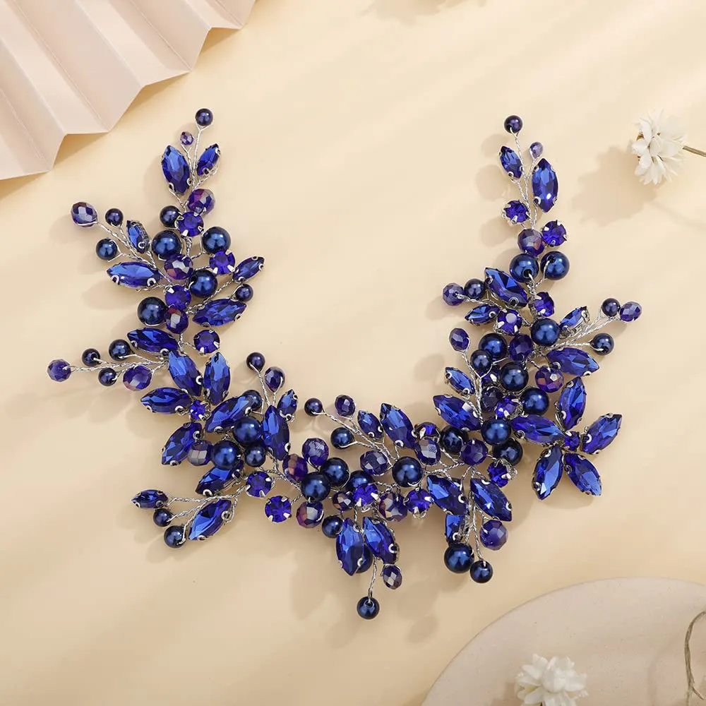 Teyglen Dainty Flower Blue Rhinestones Crystal Headband Bride Wedding Pearls Headband Hair Vine Luxurious Hair Accessories Shiny Bridal Headpieces for Women Girls (Blue)