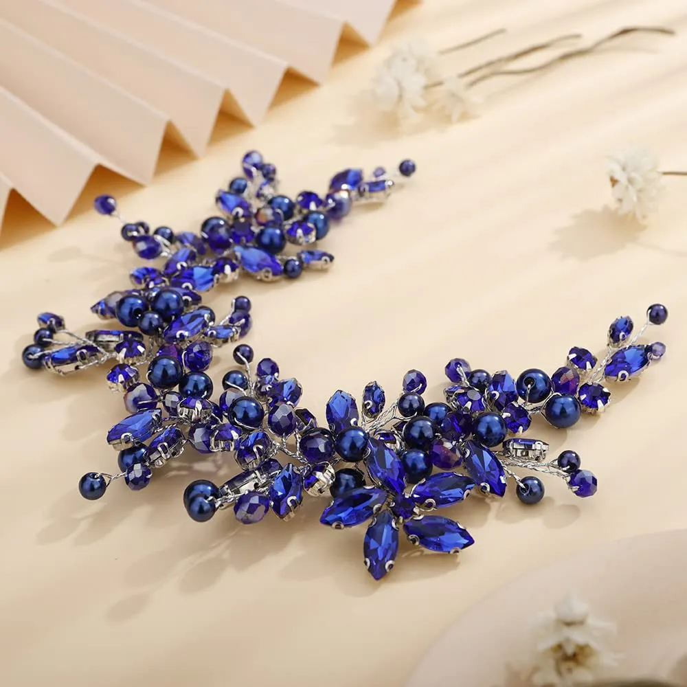 Teyglen Dainty Flower Blue Rhinestones Crystal Headband Bride Wedding Pearls Headband Hair Vine Luxurious Hair Accessories Shiny Bridal Headpieces for Women Girls (Blue)