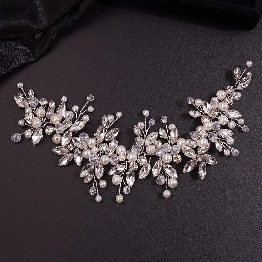 Teyglen Dainty Rhinestones Pearls Crystal Large Headband Hair Vine Handmade Bridal Flower Headband Wedding Hair Accessories for Brides Hair Pieces Gold Silver Headpieces for Women Girl (Silver)
