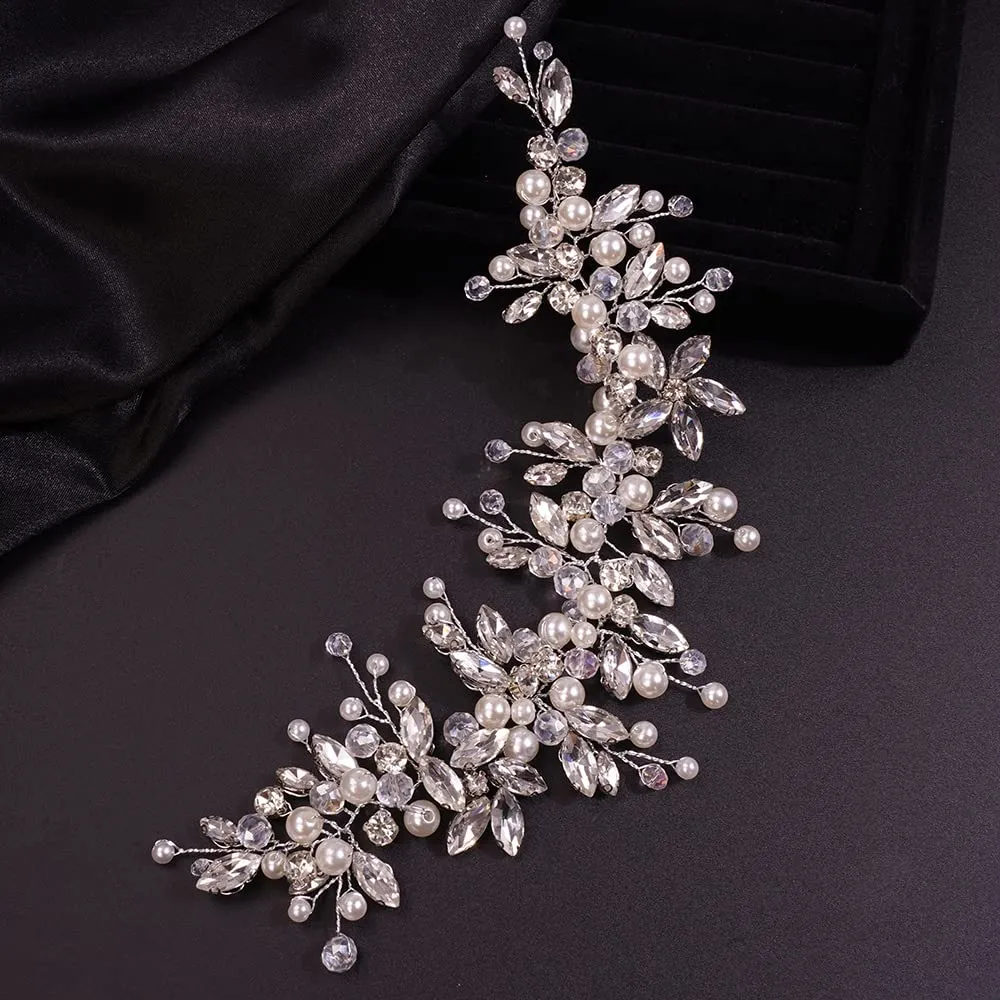 Teyglen Dainty Rhinestones Pearls Crystal Large Headband Hair Vine Handmade Bridal Flower Headband Wedding Hair Accessories for Brides Hair Pieces Gold Silver Headpieces for Women Girl (Silver)