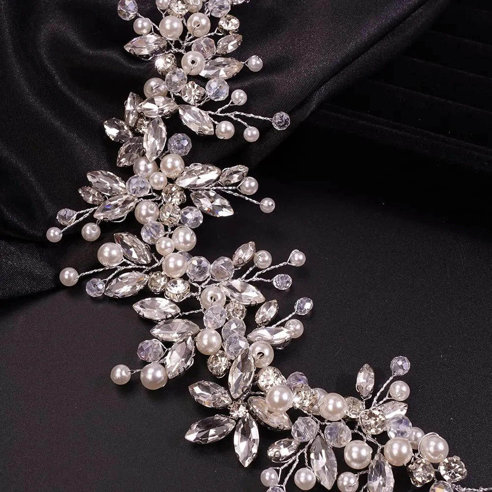 Teyglen Dainty Rhinestones Pearls Crystal Large Headband Hair Vine Handmade Bridal Flower Headband Wedding Hair Accessories for Brides Hair Pieces Gold Silver Headpieces for Women Girl (Silver)